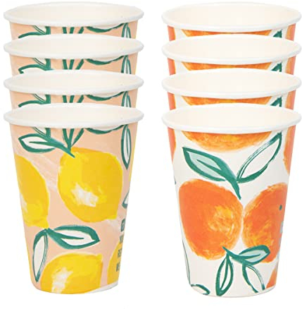 Talking Tables Vasos de papel reciclables para fiestas de barbacoa, picnics, diseño cítrico de limón y naranja, decoraciones de mesa desechables para comedor al aire libre, temática tropical,