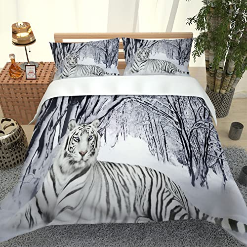Kinder Bettwäsche Set 135x200 3 Teilig (1 Bettbezug Und 2 Kissenbezüge) 3D Weißer Tiger Druck Muster Biber Bettwäsche Kinder Weiche Microfaser Mit Reißverschluss