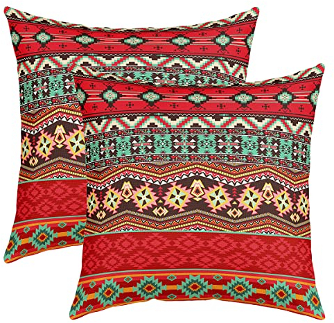 Boho Kissenbezüge 50x50 Geometrische Bohème Wurfkissenbezüge Südwestliche Native American Tribal Kissenbezüge Hippie Exotische Dekorative Kissenbezüge for Zuhause Büro Sofa Couch Rot Grün Orange