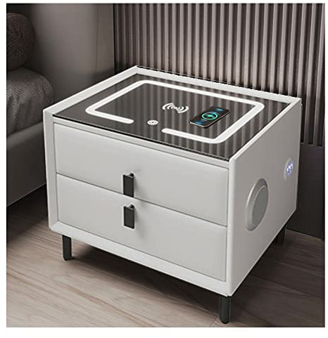Mesitas de Noche Inteligente Dormitorio,Cajonera Oficina Blancas ,Mesa Auxiliar Pequeña de Madera Maciza Multifuncional,con 2 Cajones,USB,Altavoz,Iluminación LED,Recargable Inalámbrica,para Dormitorio