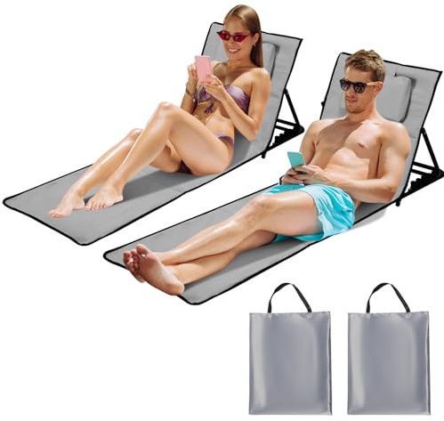 Sonnewelt Strandmatte,Strandliege leicht,Faltbares Strandkissen mit Lehne und Tragebeutel - Wasserdicht und tragbar,2er Set Beachmatte (Hellgrau, 145x47cm)