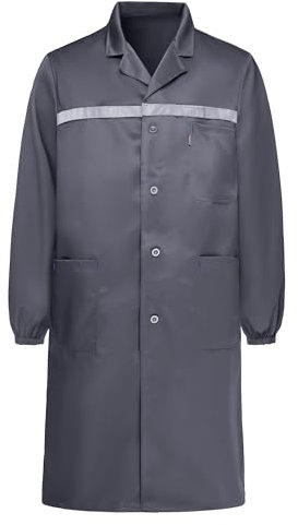 Yukirtiq Herren Arbeitsmantel mit Vielen Taschen Lange Jacke Berufsmantel Labormantel mit Reflektierende Elemente Arbeitsjacke Werkstatt Arbeitskittel, Grau, XL