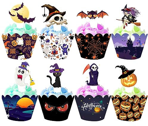 48PCS Halloween Cupcake Toppers und Wrappers Halloween Tortendekoration Kürbis Fledermaus Cake Topper Halloween Party Cupcake Dekoration für Weihnachten Halloween Tisch Tortendekoration