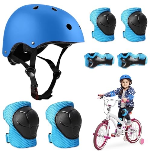 BNGXR Knieschoner Kinder mit Helm, 5 in 1 Protektorenset Kinder mit Knieschoner und Handgelenkschoner Inliner Schutzausrüstung für Fahrrad Skateboard Rollschuhe Hoverboard (Blau)