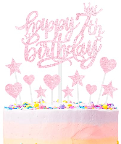mciskin Happy 7th Birthday Cake Toppers - Pink & Glitter Heart Stars for Girls' 7th Birthday Cake Decorations