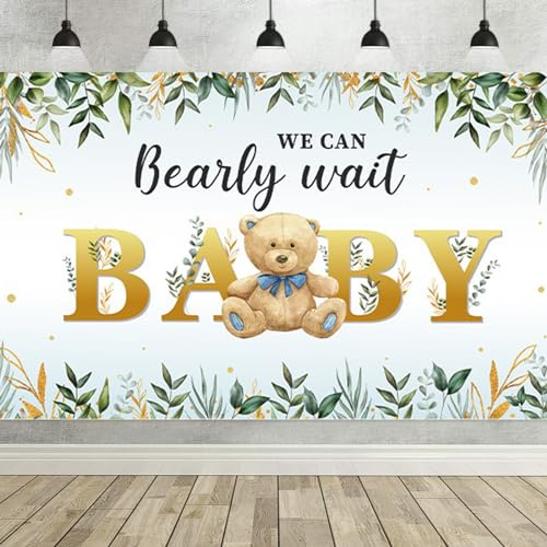 Bear Backdrop for Baby Shower Party We Can Bearly Wait Bear Baby Shower Backdrop, We Can Bearly Wait Photography Background, Newborn Party Shooting Prop, Eucalyptus Leaves 5.9ft x 3.6ft