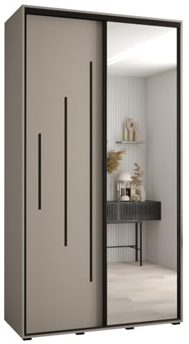 MEBLE KRYSPOL Dakota 13 Schrank mit Zwei Schiebetüren - Moderner Kleiderschrank mit Spiegel, Kleiderstange und Regalen - 235,2x140x60cm - Kaschmir Schwarz