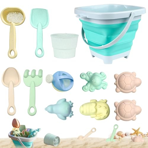 11 Stück Sandspielzeug Strandspielzeug Kinder, Strand Spielzeug Set, Sandkasten Spielzeug mit Faltbares Eimer, Sandschaufel, Sandformen, Gartenspielzeug für Kinder, Sandspielzeug für Mädchen Junge