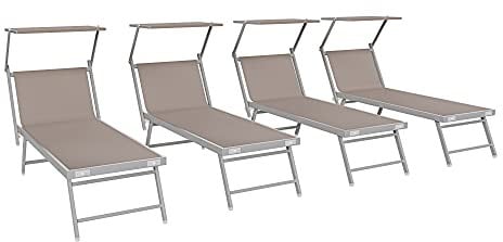 Bricozone Set Da 4 Lettini Prendisole Professionale Pieghevole In Alluminio Tettino Parasole Tettuccio Orientabile Sdraio Lettino Prendi Sole 182 x 60 x 38 cm Mare Spiaggia Piscina Giardino (Tortora)