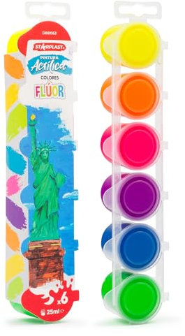 Starplast Pintura Acrílica - 6x25ml, Colores Flúor, Juego de Pinturas, No Tóxicas, Botes, Tubos o Frascos de plástico, para manualidades, sobre lienzo y más.