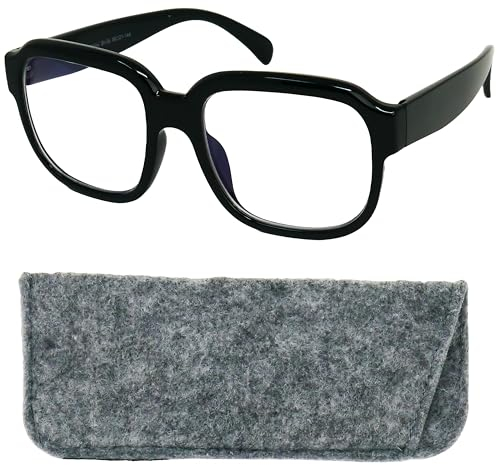 Oversize Blaulichtfilter Brille – Stilvoll XL Rechteckig, Blaufilter Dicker Rahmen Schwarz & große Gläser – Inklusive Etui für Damen und Herren +2.0 Dioptrien