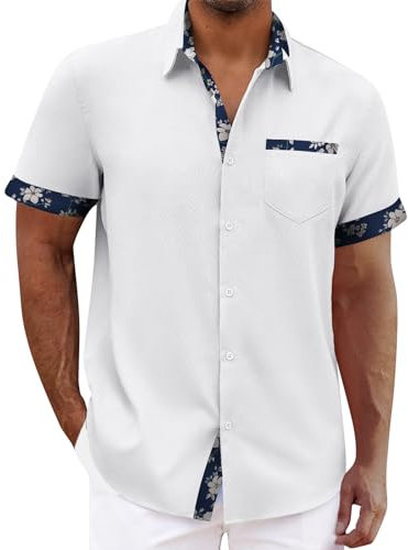 Chemisette Homme Manche Courte Été Grande Taille Chemise Hawaienne Fleur Vetement Blanc XL