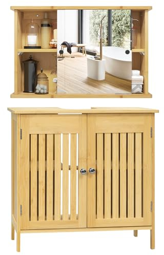 EUGAD Meuble Mural Salle de Bain avec Miroir + Meuble sous Vasque, en Bambou