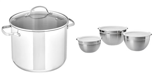 Amazon Basics Marmite en acier inoxydable avec couvercle, 7,6 L, Argenté & Maison Lot de 3 saladiers en acier inoxydable, Argenté