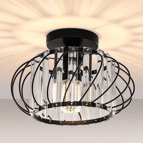 FRIDEKO HOME Deckenleuchte Schwarz Kristall Kronleuchter,Modern Deckenlampe Metal Rund Lampenschirm E27 Lampe Decke für Schlafzimmer Wohnzimmer Küche Flur,Ø28cm