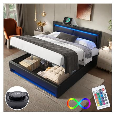 Lit 160x200 avec Sommier LED et USB, Lit Coffre 160x200 avec Rangement et Tete de Lit, Lit Double avec à Lattes Lit 2 Personnes, Lit Rembourré Cadre de lit 160x200(sans Matelas)