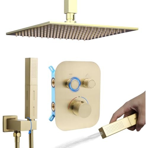 Delnet Upgraded Thermostatic Shower Mixer Set with 10 Ceiling Mounted Rain Shower Head, Can Use 2 Functions at A Time, Brushed Gold