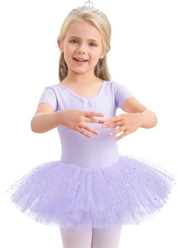 Aiseyi Ballettkleidung Ballettkleid Mädchen Pailletten Ballett Tütü Kinder Baumwolle Tanzkleid Kurzarm Balletttrikot Ballettanzug Ballett kleider Ballerina Tutu Violett 7-9 Jahre