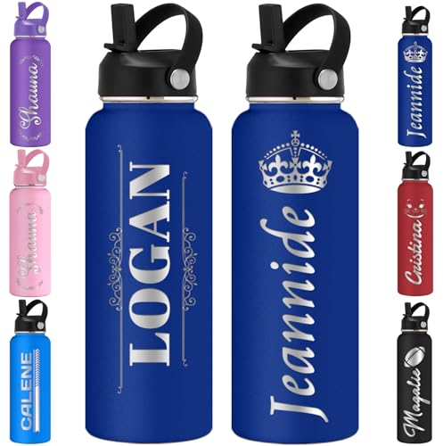 Personalisierte Trinkflasche Kinder Individuelle Wasserflasche Personalisierbar mit Namen, Edelstahl, isolierte Flaschen, Strohhalm-Deckel, graviert, 354 ml, 532 ml, 700 ml, 950 ml, 1150 ml