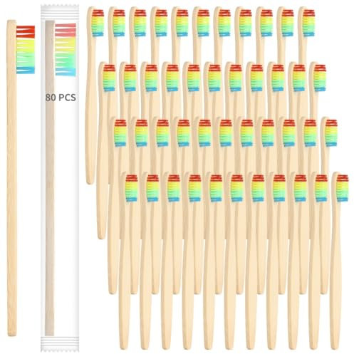 Lot de 80 brosses à dents de voyage en bambou à poils souples en charbon de bambou pour adultes