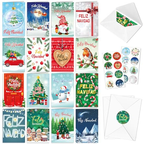 DPKOW 16 Tarjetas Navidad con Sobres de Pegatinas, Español Tarjetas de Felicitación Navideñas, Christmas Cards, Tarjetas De Feliz Navidad, Felicitaciones Navideñas, Tarjeta Regalo Postales Navidad