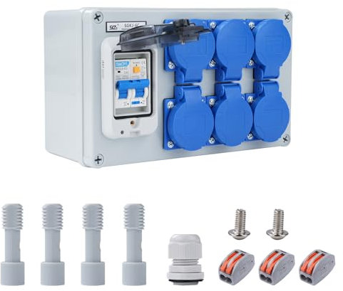 Buyweek Wandverteiler 16A 250V Baustromverteiler 2-Polig Stromverteiler IP54 Wasserdicht Baustromverteiler mit 63A 1P+N FI Schalter Starkstrom Verteiler mit 6 Schuko-Steckdosen