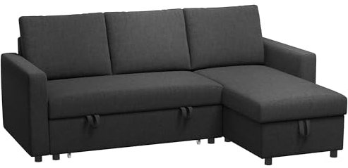 HOMCOM Canapé d'angle Convertible canapé lit canapé 3 Places modulable avec méridienne réversible, Coffre de Rangement intégré et 3 Coussins de Dossier, Tissu Aspect Lin, Noir