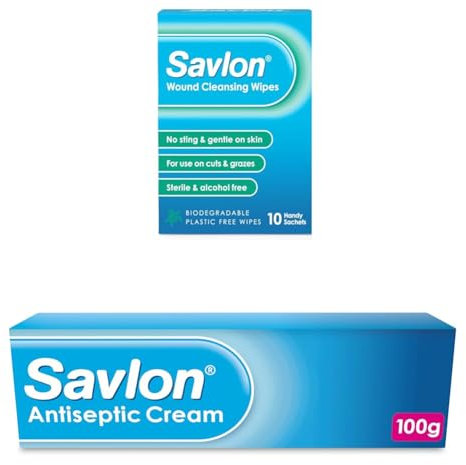 Savlon Wound Cleansing Wipes and Savlon Cream Bundle - First Aid for Minor Cuts & Wounds, Helps Prevent Infection