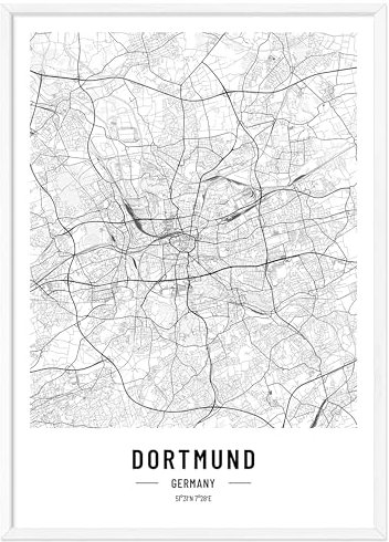 JUNOMI® Dortmund Poster DIN A4 mit Rahmen Weiß, DIN A4 Wohnzimmer Deko, Modernes Wandbild, Dortmund Bild, Wandbild mit Rahmen, Stadtplan Poster Dortmund, perfekte Geschenkidee für Dortmunder