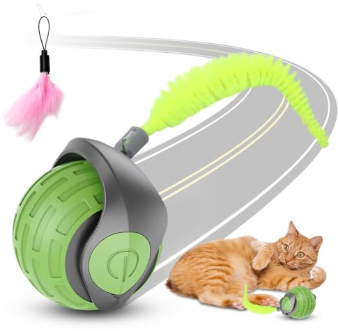 Chase Master Pro Katzenspielzeug, USB Wiederaufladbar Katzenspielzeug, Geräuscharmes Powerball Katze Selbstbeschäftigung, Interaktives Katzen Spielzeug Elektrisch Pet Ball mit Flauschigem Schwanz