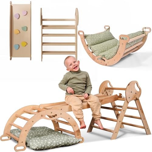 Goodevas Estructura de Escalada 5 en 1 para Niños - Escalera en Triángulo, Arco de Escalada, Balance Board y Cojín, Estructura de Escalada Montessori, Gimnasio de Madera para Niños de 1 a 3 Años