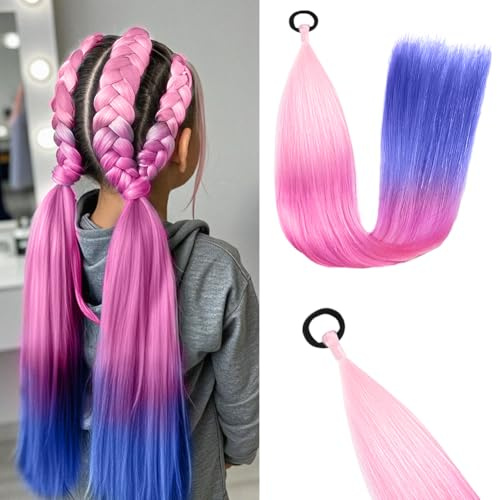 Aomig Ponytail Extension Gradient Braids Extensions mit Haargummi Glattes Haar Bunte Haarsträhnen für Damen Kinder Mädchen Kunsthaar zum Einflechten Haarverlängerung Zopf für Party Festival Geschenke