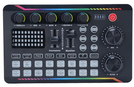 YUEHISY Live Sound Card, Podcast Production USB Sound Card Mixer Board for Live Streaming, Karaoke, Record Gaming, with DJ Mixer Effects Voice Changer