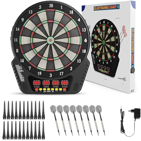 KIRJAUDU Cible Fléchette Électronique, 27 Jeux, Fléchettes Plastiques Sûres | Cible fléchette électronique avec 27 modèles de jeux, 4 écrans LCD, jusqu'à 16 joueurs, pour maison, bureau et bar