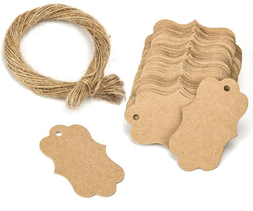 ZENQARI 100 Fogli Etichette regalo Biglietti Sospesi Scrivibili Carta con Cordino Ideale per Regali di Nozze Etichette in Carta Kraft Scambio di Regali Festivi (Marrone)