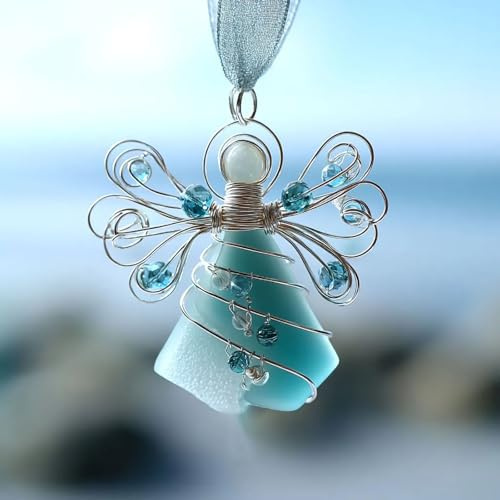 Handmade Sea Glass Angel Ornament – Coastal Christmas Tree Decoration, Guardian Angel Gift, Ocean Sea Glass Suncatcher with Silver Wire Wings Angels Figurine(Bronze)