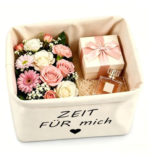 Auszeit Geschenkkorb für Frauen, Wellness Geschenke Brotkorb Stoff, Doppelseitiges Muster Baumwolle Korb, Verstärkte Basis Stoffbeutel für Geburtstag Entspannung Wohnzimmer, 38×22×16cm