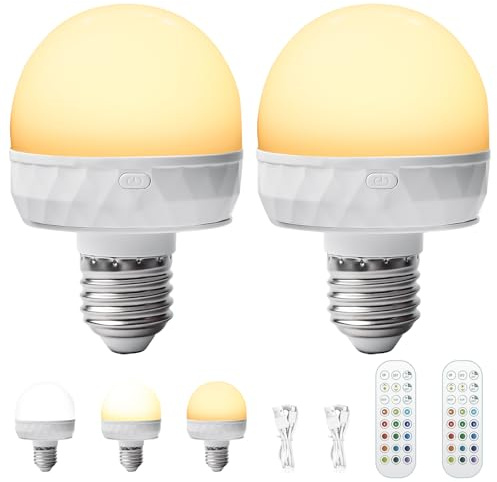 GBKDQQ Wiederaufladbare Glühbirne mit Fernbedienung, 2 Stück 3 Farben Dimmbare LED Glühbirne E27, 2500mAh Magnetisch RGB LED Glühbirne, Akku Glühbirne mit Timing-Funktion, Notlicht für Camping