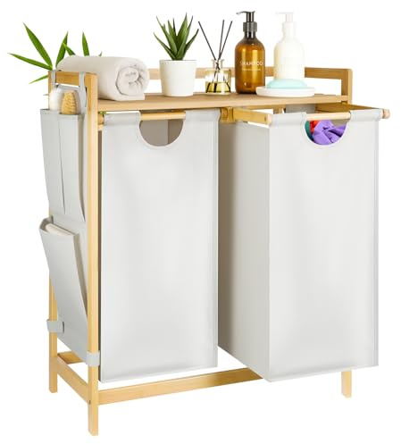 Wäschekorb 2 Fächer aus Bambus, Wäschesammler 100 L (2 x 50 L) – Wäschesortierer mit Ablage, abnehmbarer Wäschesack & seitliche Taschen, Natur-Optik, 94 x 33 x 78 cm (Beige Klein)