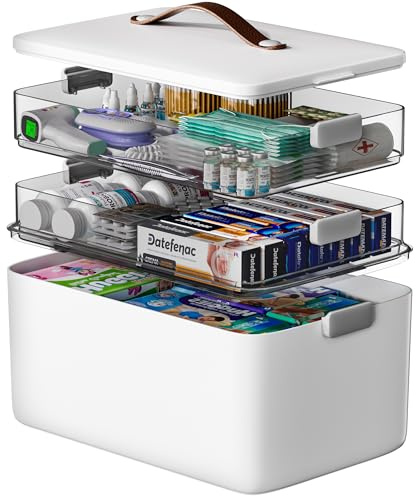 CTIME Extra Large Medicine Storage Box - 3-Tier Medication Organizer with Portable Leather Handle, 14.6 x 10.6 x 10.8 in Family First Aid Medicine Box for Home and Travel