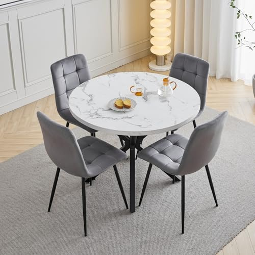HJhomeheart Esstisch- und Stuhlset, 4 Holländische Samtstühle mit Hoher Rückenlehne und EIN 100 cm Langer Moderner Esstisch, Geeignet für Küchen, Esszimmer und Wohnzimmer-Schwarze Tischbeine + Grau