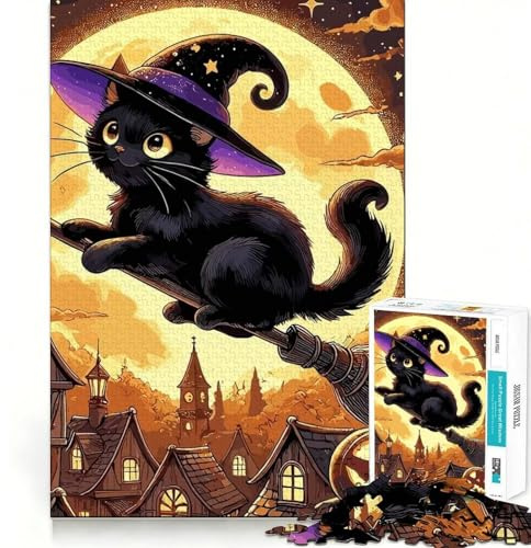 Jigsaw Puzzles 1000 Pieces Black Cat Witch on Broom Flawless Cut Fun, Cognitive Teaser Toy, Downtime Game Fun, Christmas Art Gift (38x26cm)