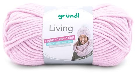 Gründl Wolle Living 1 Knäuel 100 g, Rose | Strick- und Häkelgarn - waschbares Garn - 80 % Polyacryl, 20 % Polyamid - 100 g / 100 m - Nadelstärke 8-9