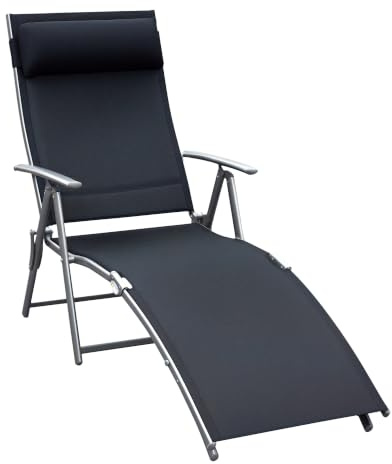 Outsunny Tumbona Plegable con Respaldo Ajustable 137x63,5x100,5 cm Negro | Tumbona de Jardín Exterior, 7 Niveles, Almohada, Reposabrazos, Carga 165 kg, Piscina Terraza Camping
