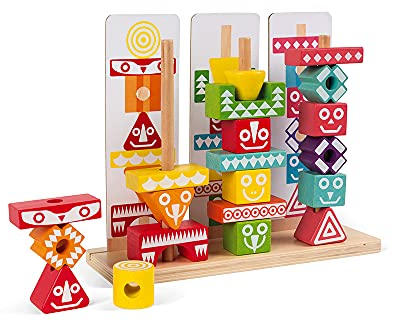 Janod - I Wood Edutotem Holz-Stapelspiel, Lernspielzeug, Balance-Spiel, 52 Teile, Farbe auf Wasserbasis, FSC-zertifiziert, ab 3 Jahren, J05331