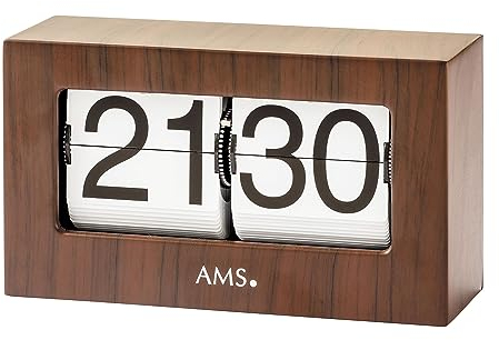 AMS. Tischuhr 1177, Quarz, Retro Klappzahlenuhr mit arabischen Ziffern, Metallgehäuse in Nussbaum-Dekor