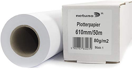 Netuno 1x rouleau de papier pour traceur 610mm x 50m papier traceur 80g/m² mandrin 50 mm (2 pouces) rouleau traceur blanc de haute qualité rouleau de papier universel systèmes de traçage à jet d'encre