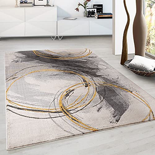 Wohnzimmer Teppich Schlafzimmer Flur Teppich Kreisel Muster Gelb, Maße:120x170 cm