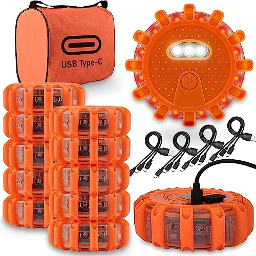 Ecoangel Luci di emergenza a LED ricaricabili USB-C 3 in 1 con cavo di avvertimento stradale faro di sicurezza auto lampeggiante disco flare kit con base magnetica per veicoli