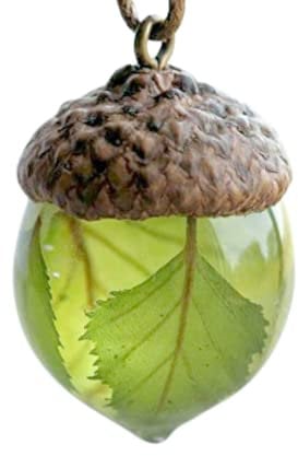 English Birch and Acorn Pendant Necklace for Women and Men. Handmade Spiritual Gifts of English Birch Leaves Set in an Oak Cup of Hypoallergenic Eco Resin